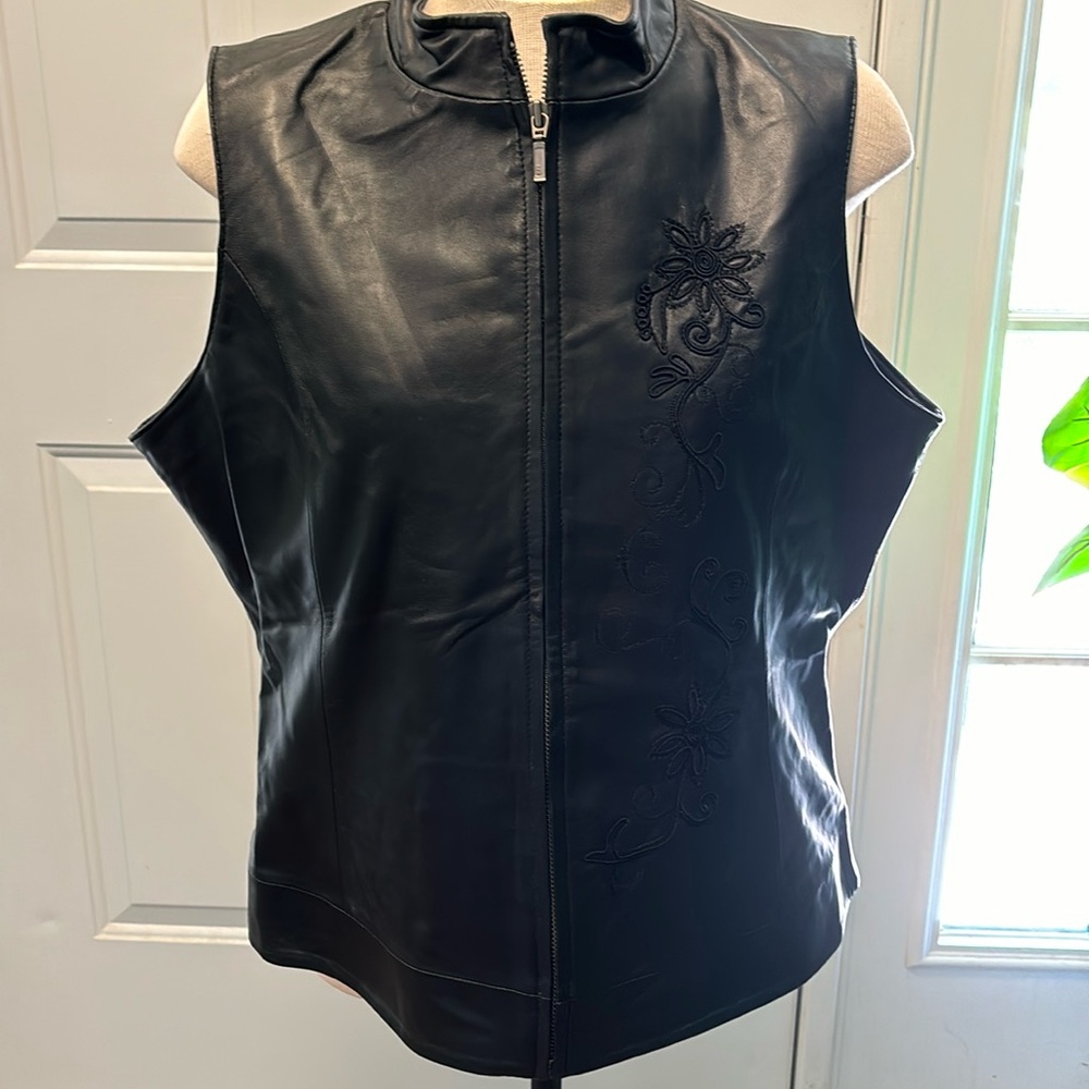 Black embroidered leather vest size large